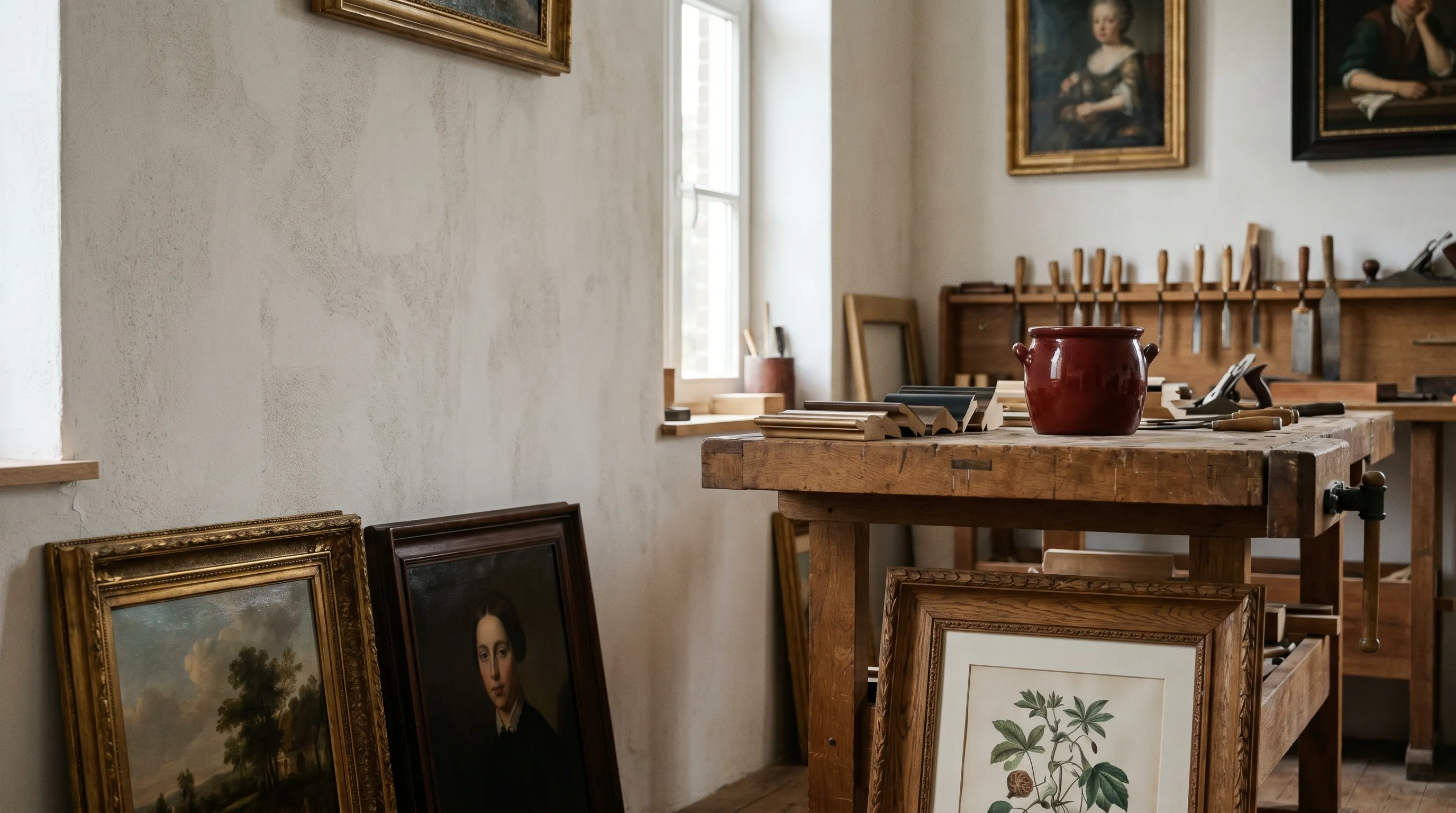 Het atelier van Lijstenmakerij Galerie Oud Borne: ingelijste werken tegen een warme muur en een oude werkbank met gereedschap