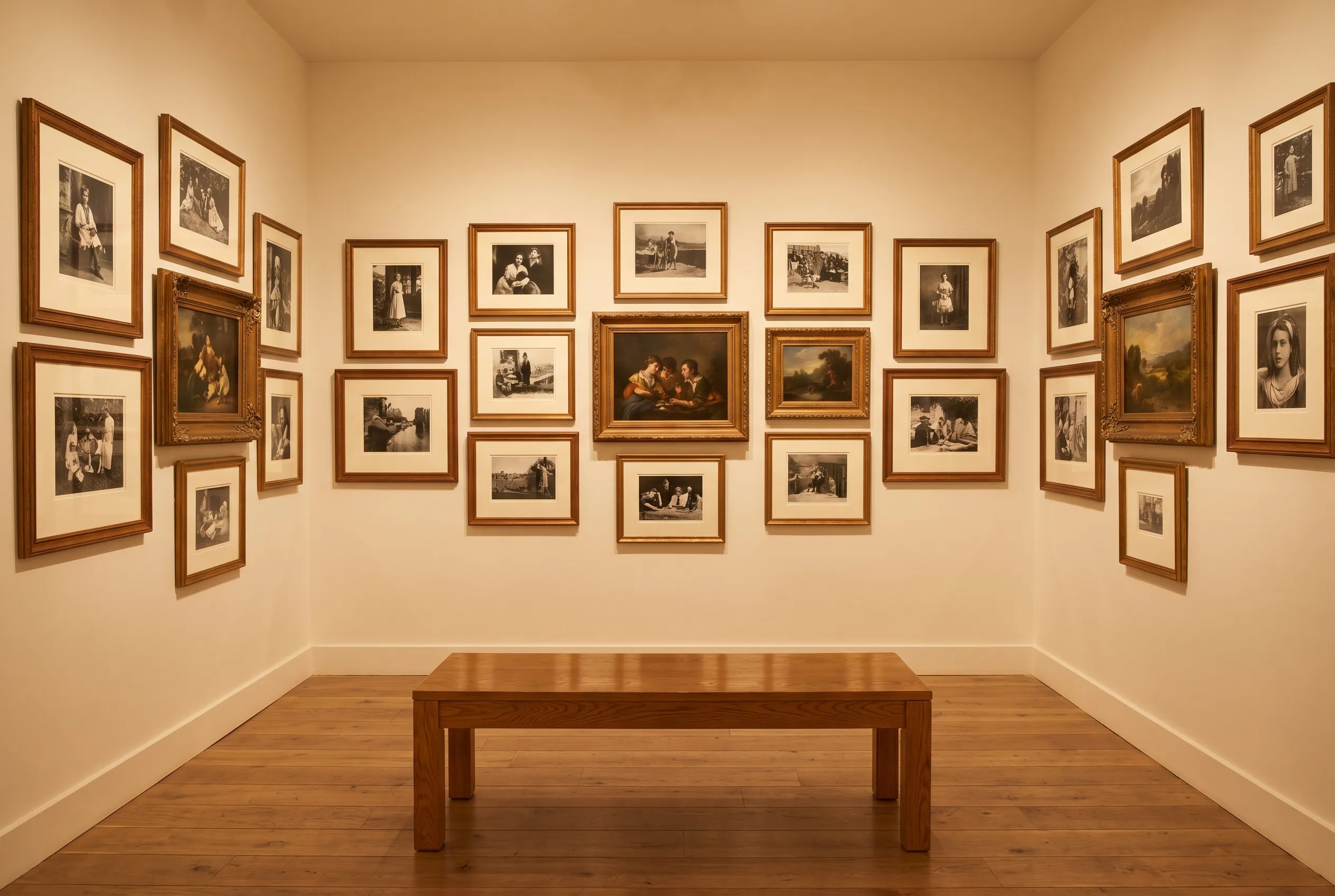 De galerie: ingelijste schilderijen en foto's salon-style aan een warme muur, met een houten bank