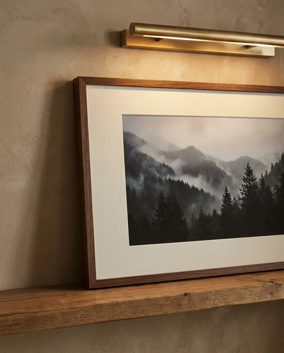 Een ingelijst berglandschap in een walnoten lijst met brede passepartout, verlicht door een messing schijnwerper
