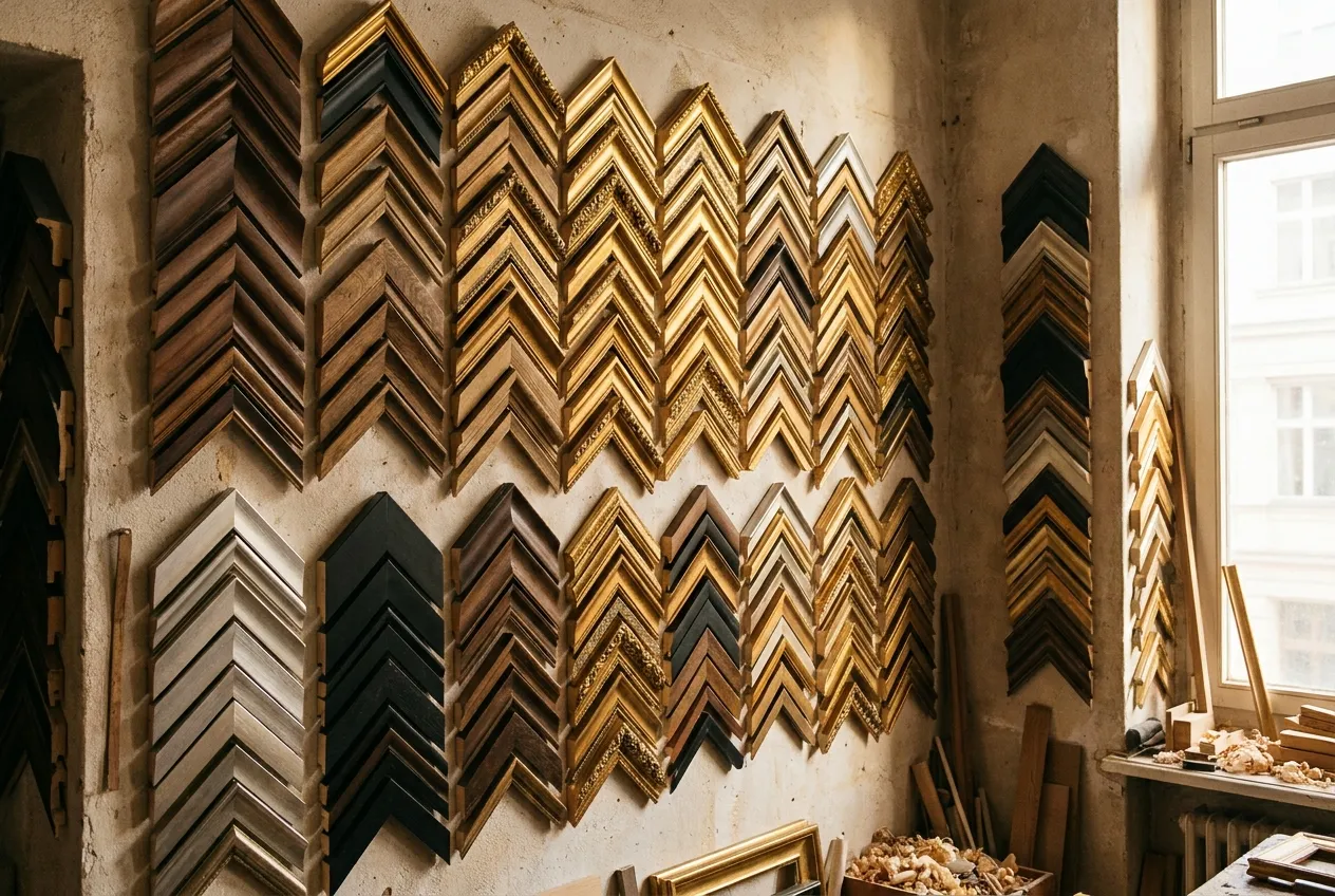 Een wand vol lijstprofielen in hout, goud, zwart en aluminium in het atelier
